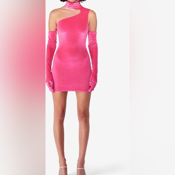 New! Revolve x Miscreants Bodycon Hot Pink Velvet Mini Dress w/ Opera Gloves💖 XS - Picture 5 of 10